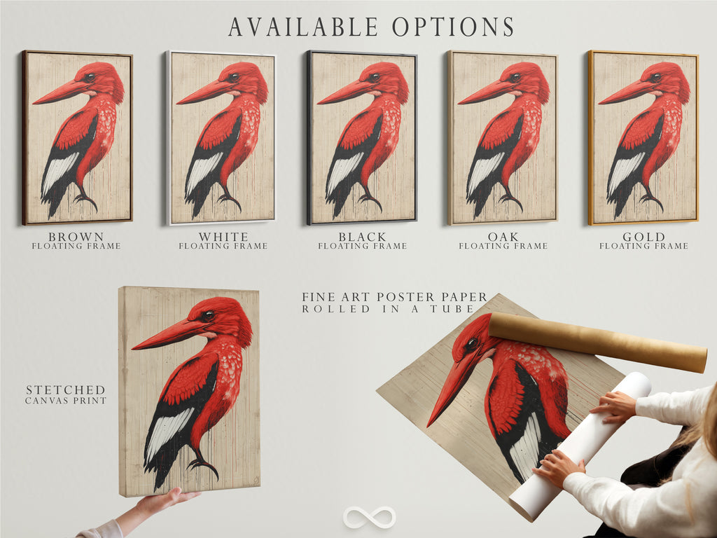 Explore the available options for the red bird artwork. Options include stretched canvas print fine art poster paper and floating frame. Find the perfect format to suit your taste. Enhance your living space today.