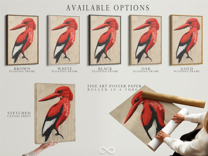 Explore the available options for the red bird artwork. Options include stretched canvas print fine art poster paper and floating frame. Find the perfect format to suit your taste. Enhance your living space today.