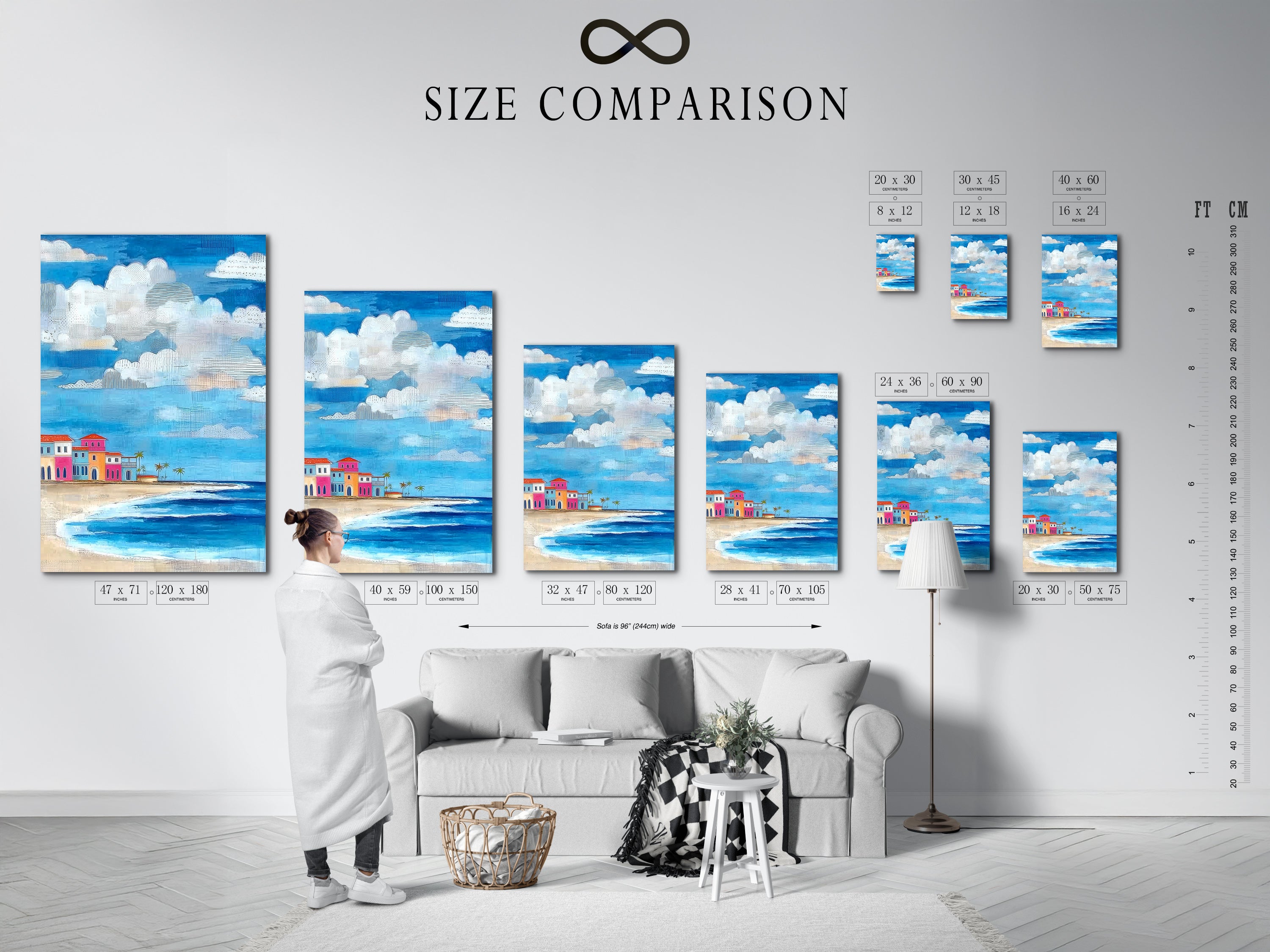 Size comparison chart in an interior setting. The chart displays various sizes of coastal beach artwork. The artwork features colorful beach houses. Find the perfect size for your space.