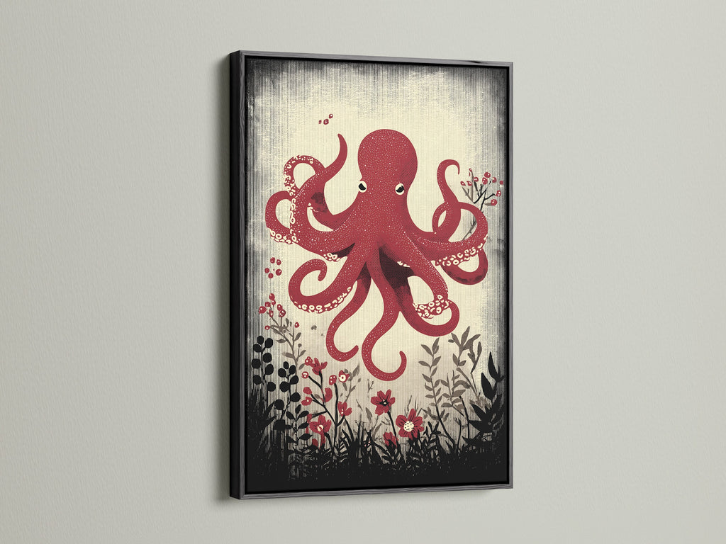 A bold black frame surrounds the red octopus artwork. This striking combination creates a modern focal point. Sea life decor that enhances your home's aesthetic. A perfect ocean themed art piece. Shop now.