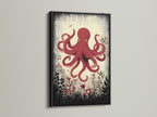 A bold black frame surrounds the red octopus artwork. This striking combination creates a modern focal point. Sea life decor that enhances your home's aesthetic. A perfect ocean themed art piece. Shop now.