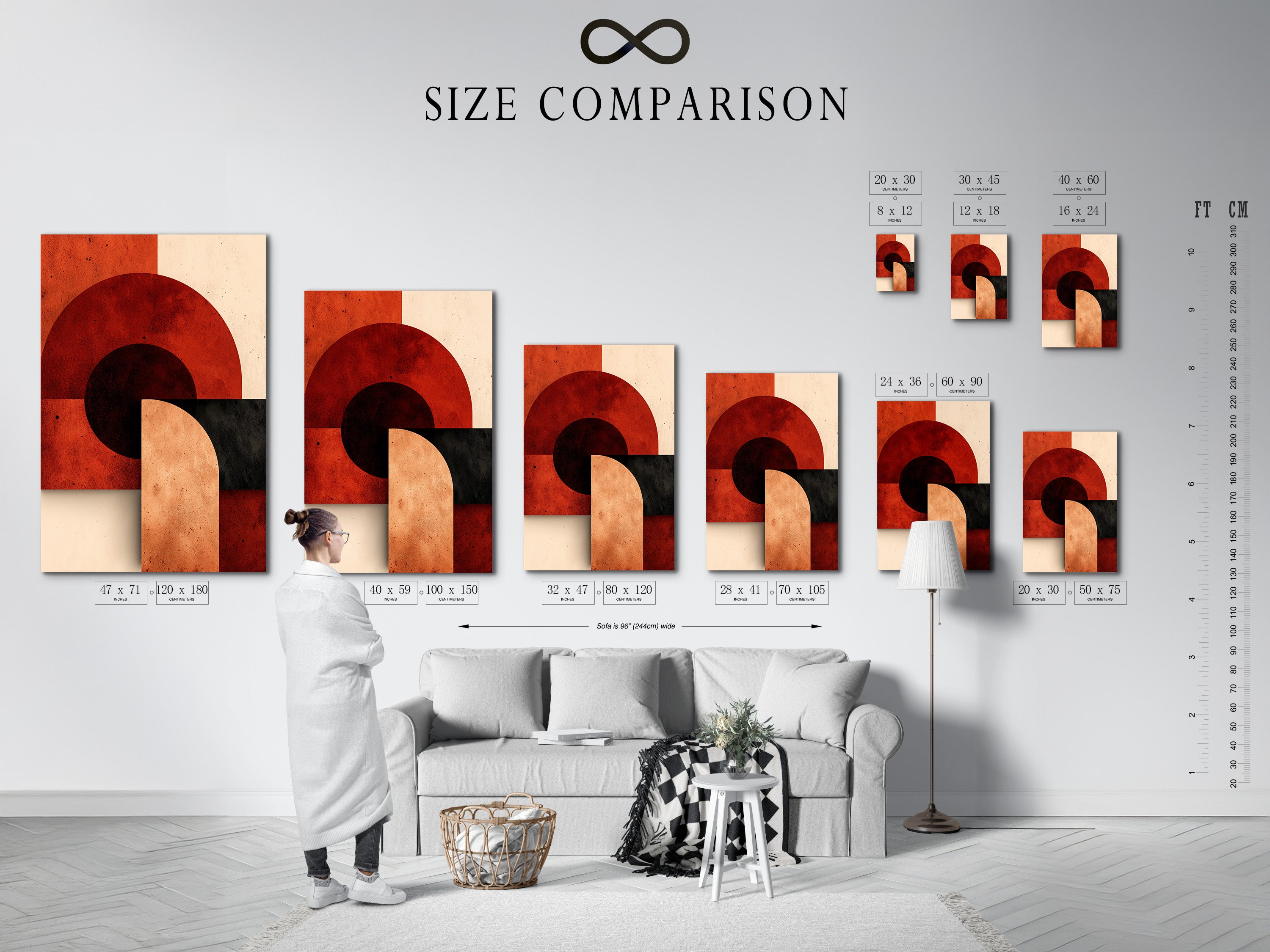 A size comparison chart is displayed in an interior setting. This helps visualize artwork dimensions. Choose the perfect size for your space. Accurate measurements ensure a perfect fit. Transform your room with the right size artwork. Visualize the possibilities before you buy.