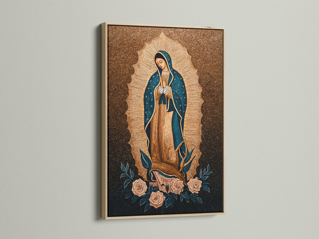 The Our Lady of Guadalupe print is beautifully framed in oak. The virgin mary art enhances religious home decor. This sacred art gift is perfect for catholics. The guadalupe print brings a spiritual ambiance. This religious artwork is ideal for prayer rooms.