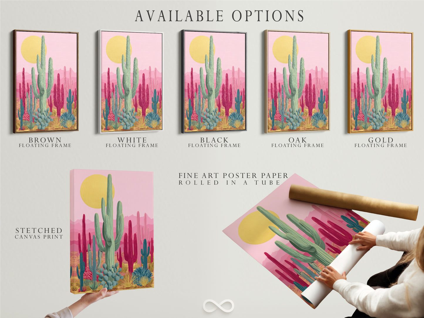 Explore available options for Southwestern cactus artwork. Choose from stretched canvas prints fine art poster paper or floating frames. Find the perfect presentation for this art. The art features pink and teal botanical prints.
