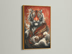 Bring a luxurious touch to your walls with this tiger art print. The artwork is framed in gold. This Asian inspired artwork adds a rich accent to your decor. Perfect for creating a maximalist or art deco style. The tiger poster is ideal for your living room.