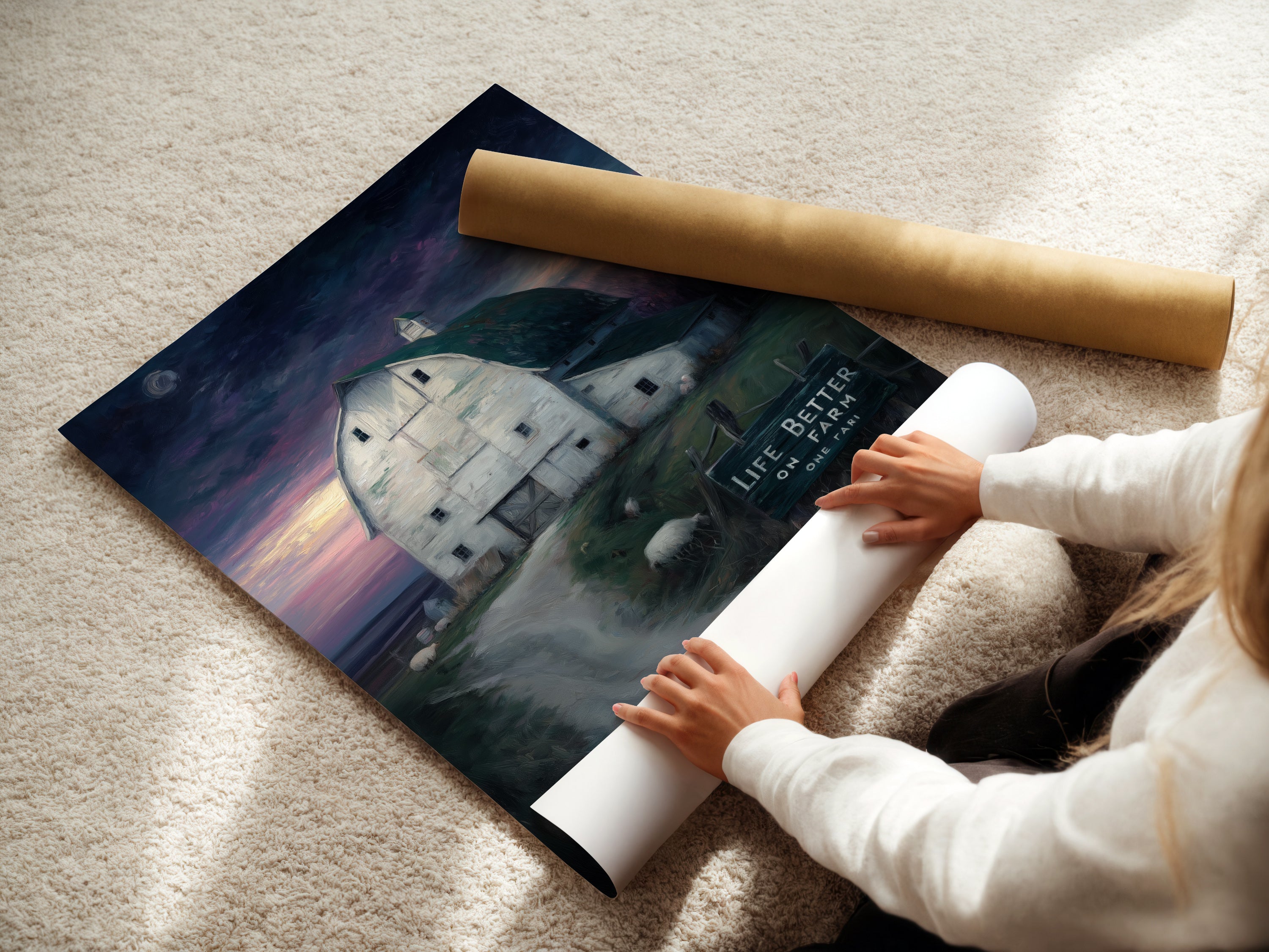 A woman carefully rolls a fine art poster paper print. The farmhouse canvas print can be printed as a fine art poster. Get your rustic barn wall art ready for framing. Country landscape artwork available on high-quality paper. A perfect option for your country home decor.