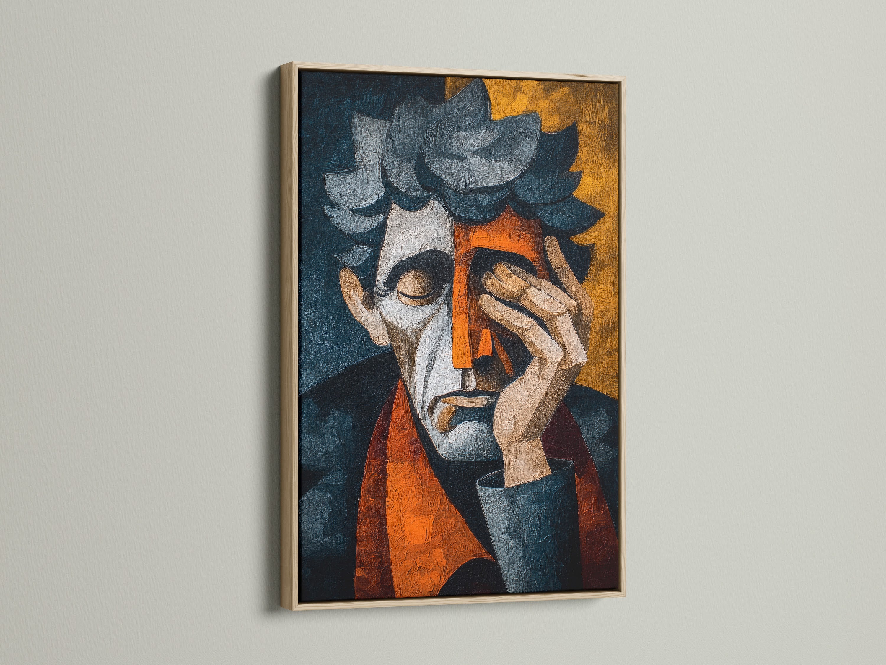 Artwork in an oak frame. The oak frame enhances the artwork. The art piece is displayed on a white wall. The natural wood grain of the oak adds warmth. Perfect addition to any room. Bring nature inside with this oak framed artwork.