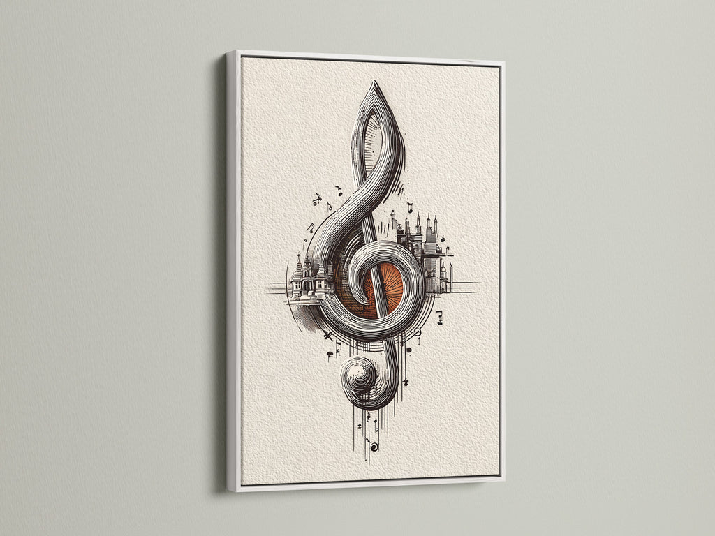 Treble clef musical artwork in a white frame. The crisp white frame accentuates the ornate art print. This music themed decor is ideal for music teachers and students. It's a stylish gift for composers and music lovers alike.