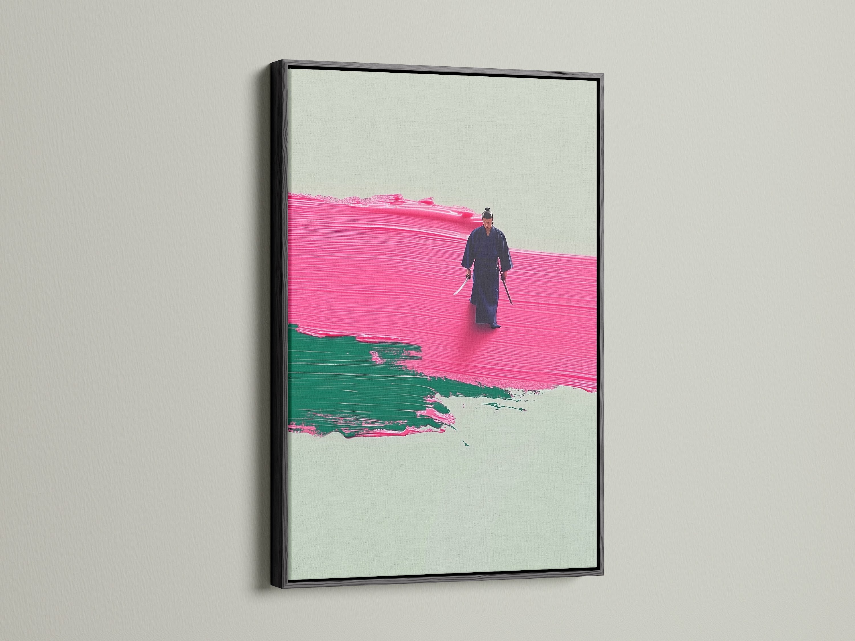 The Abstract Pink Samurai Canvas Artwork is displayed in a sleek black frame. The black frame creates a bold contrast. It highlights the pink abstract art. This warrior canvas art will add sophistication to your home or office.