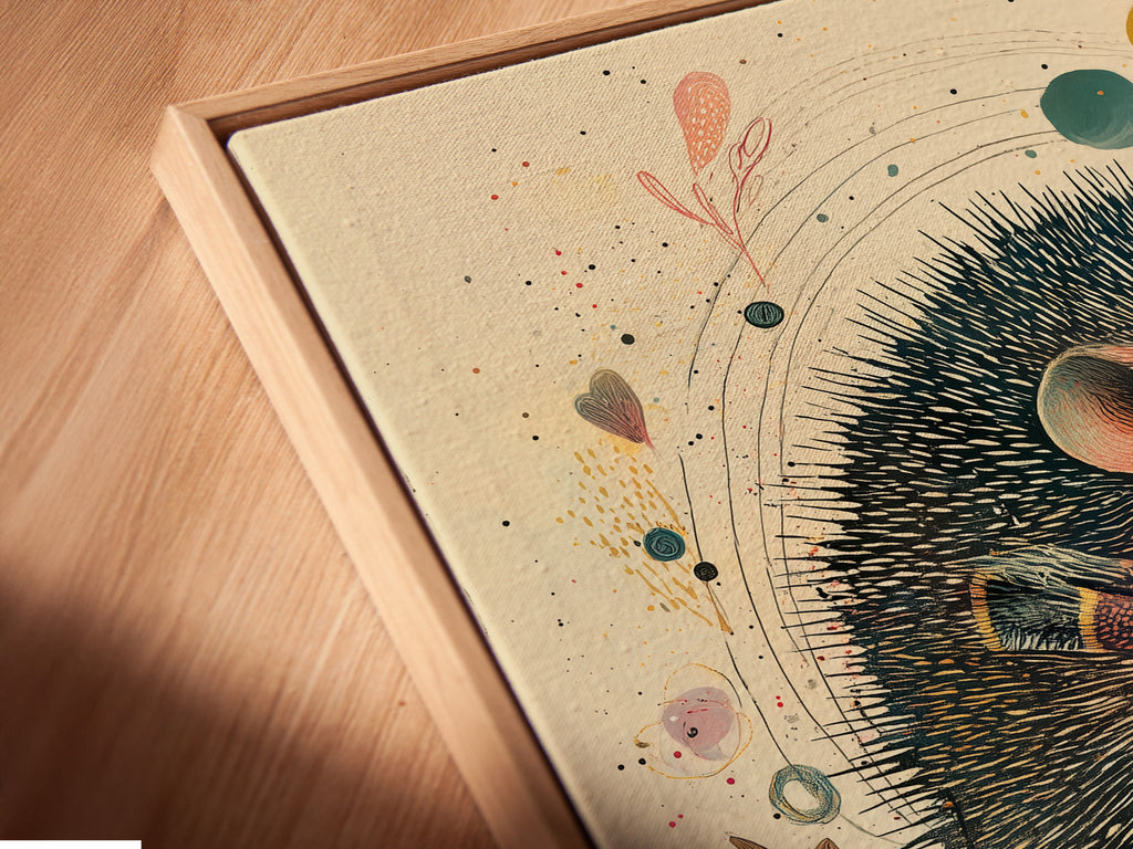 Close-up angled view of a canvas print in a floating frame. The artwork features a hedgehog DJing on a record player. The floating frame adds depth to the artwork. Discover floating frames for your canvas prints. Elevate your art display.
