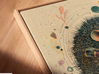 Close-up angled view of a canvas print in a floating frame. The artwork features a hedgehog DJing on a record player. The floating frame adds depth to the artwork. Discover floating frames for your canvas prints. Elevate your art display.