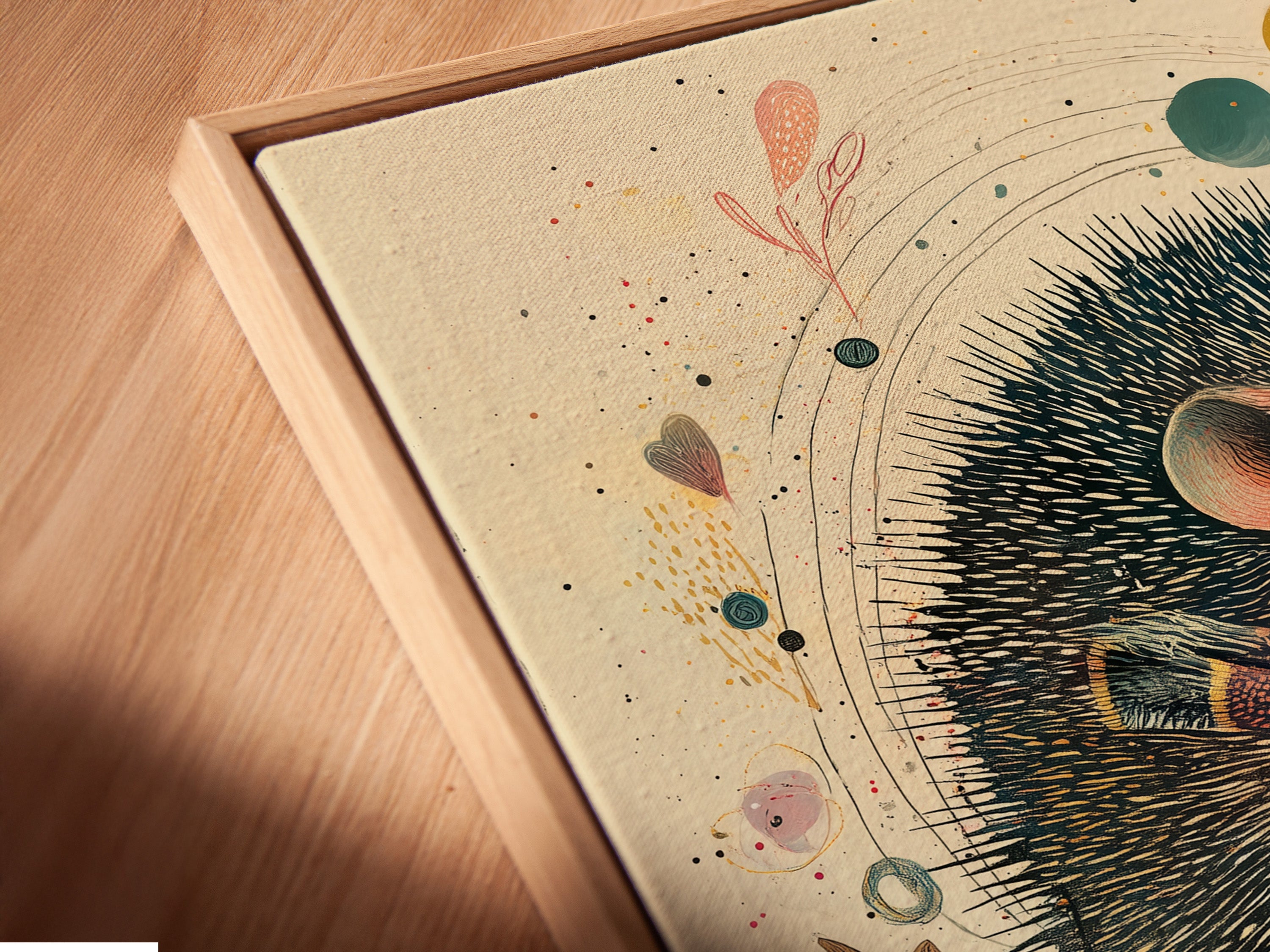 Close-up angled view of a canvas print in a floating frame. The artwork features a hedgehog DJing on a record player. The floating frame adds depth to the artwork. Discover floating frames for your canvas prints. Elevate your art display.