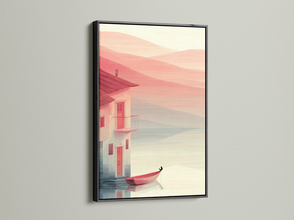 This black frame highlights the coastal house canvas artwork with a red boat. The minimalist seascape artwork is perfect for creating a serene space. Enhance your beach house decor with this nautical wall art. Ideal for living rooms bedrooms and offices. The red and white art complements coastal and minimalist styles.