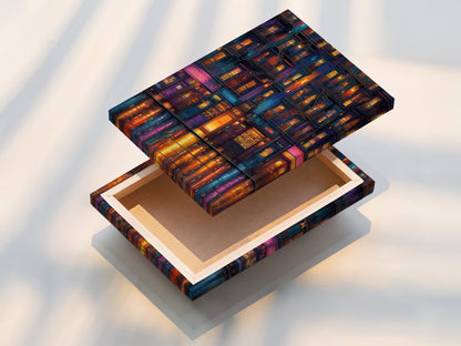 A stretched canvas print of Cityscape at Night is displayed. This urban scene art is ready to hang. Modern artwork with vivid colors. Ideal for adding a contemporary touch to any room.