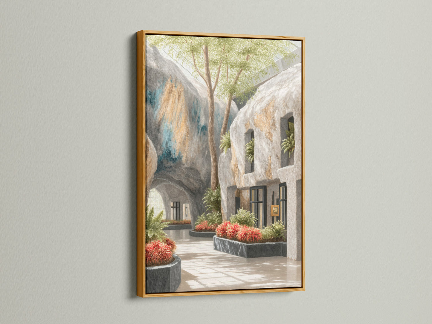 The Architectural Atrium artwork is presented in a gold frame. This botanical garden wall art exudes luxury. It's a striking piece for modern gallery artwork collections. The gold frame enhances the artwork's vibrant colors. This architectural canvas adds elegance to any space.