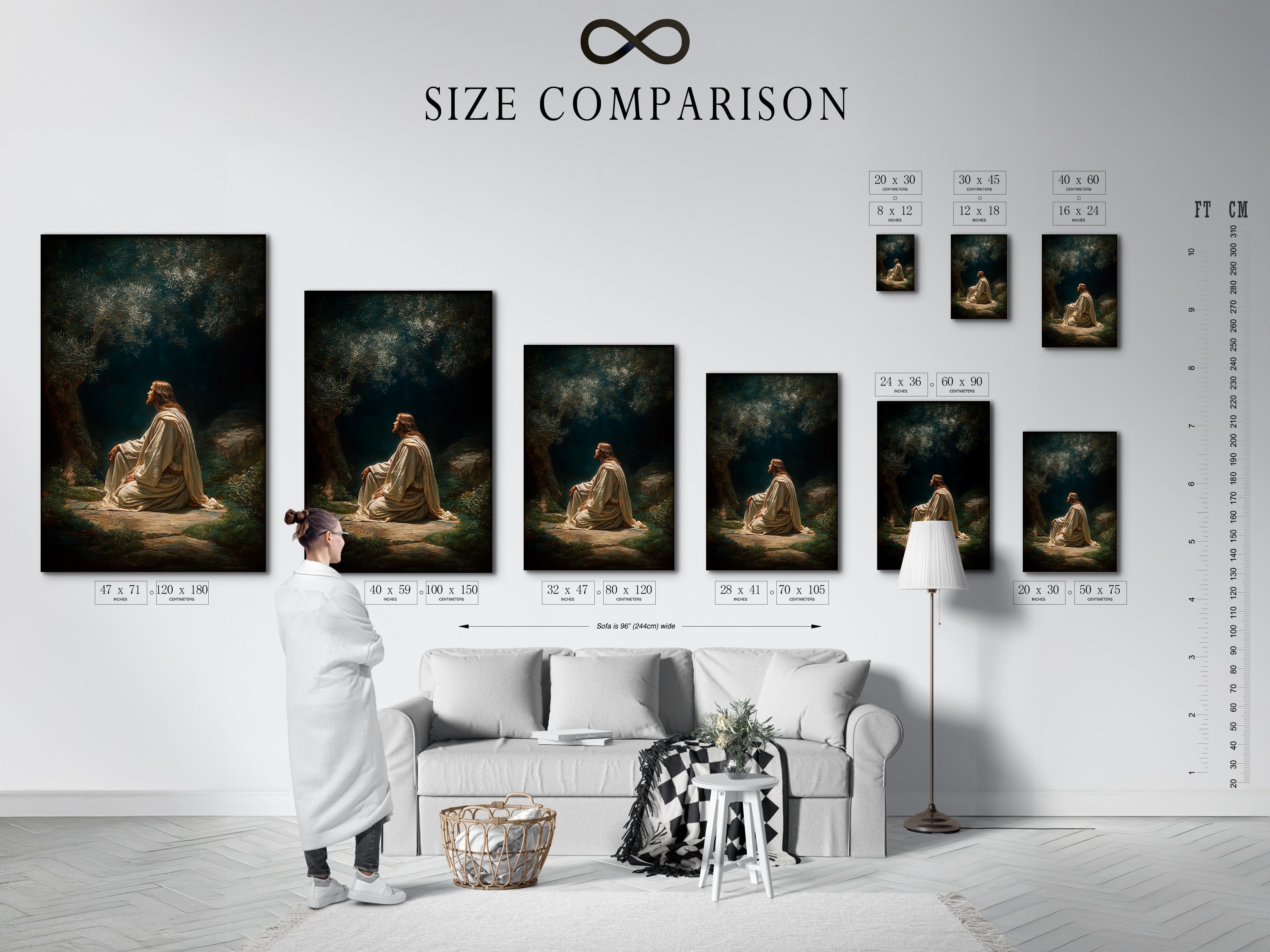 Refer to our size comparison chart in an interior setting. Find the perfect artwork size for your space. Visualize how different sizes look on your wall. Make the right choice for your home or office. Use our chart to find the perfect fit. Transform your space today with perfectly sized art.