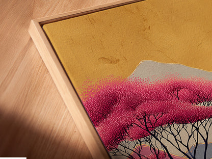 Close-up of a canvas print in a floating frame. This abstract mountain artwork is visually appealing. The pink purple landscape is perfect for modern decor. This contemporary print enhances any space. Great as living room or office artwork.
