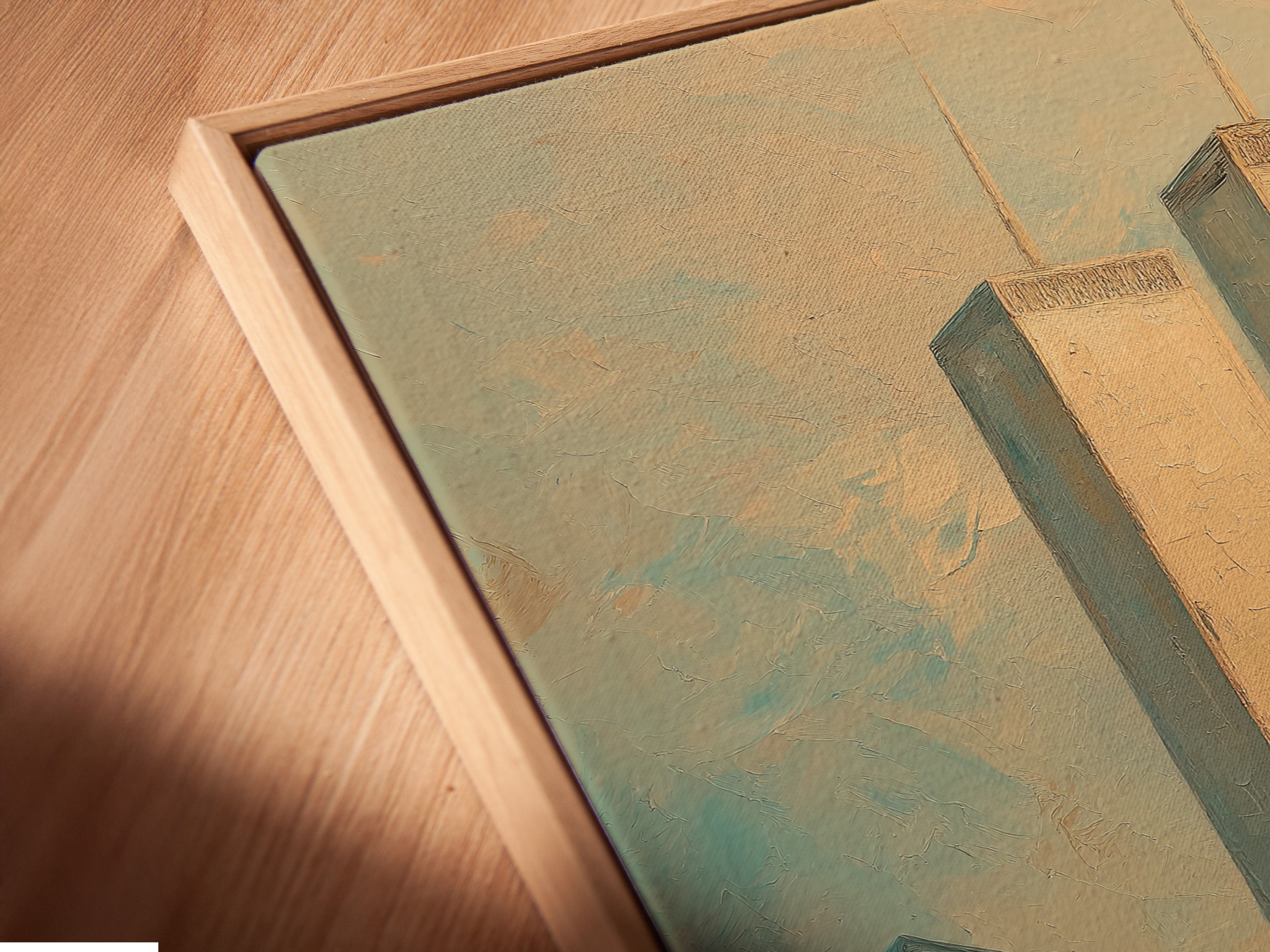 A close-up of a canvas print in a floating frame. Featuring the NYC Skyline and Twin Towers. This adds depth to the vintage Manhattan cityscape. A modern way to display art. Perfect for any contemporary space.