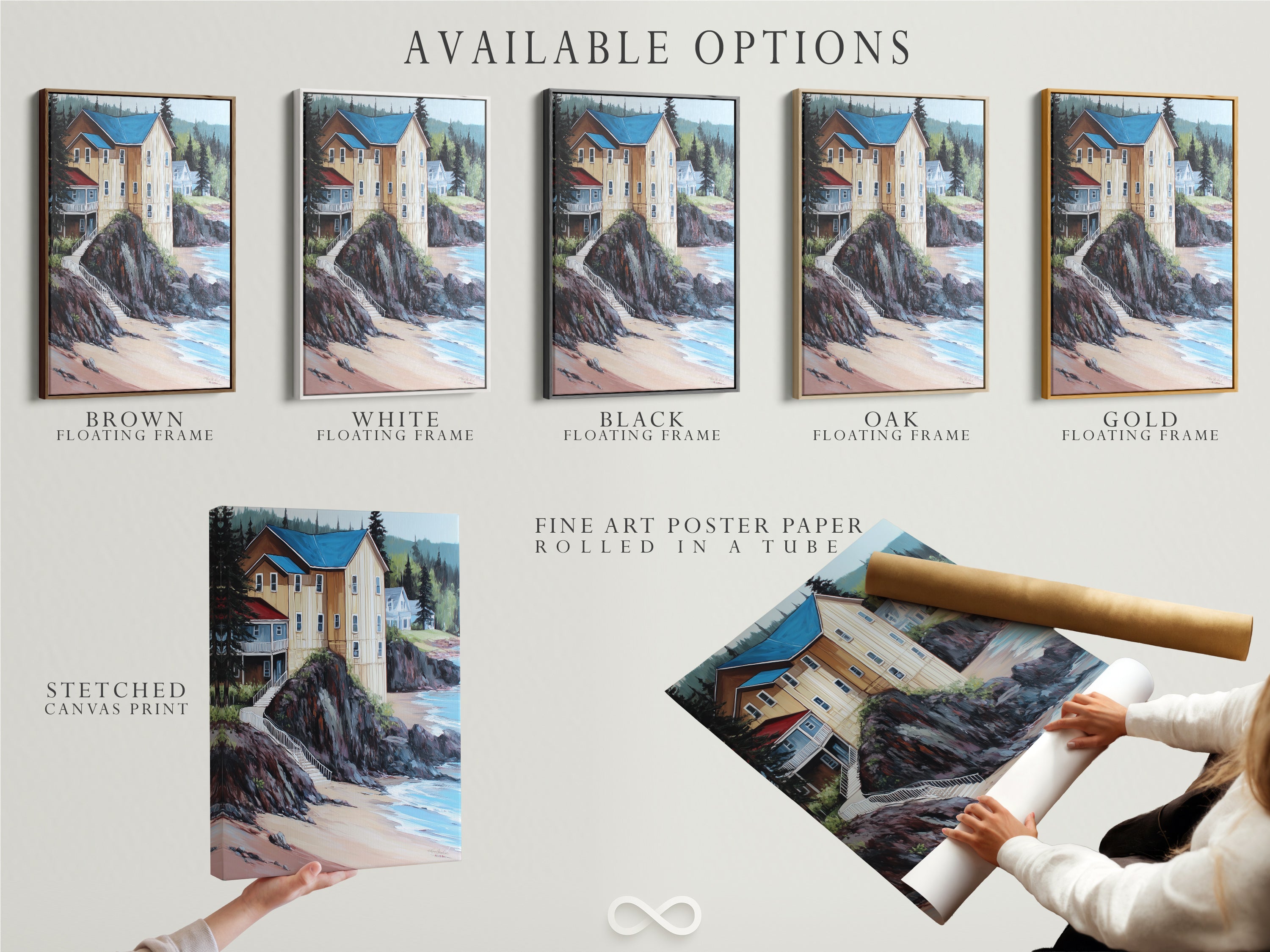 Available options for coastal artwork. Choose between stretched canvas prints fine art poster paper and floating frames. Nautical artwork tailored to your style. Perfect beach house decor and lake house art. Customize your seaside artwork to fit your space. Find your perfect piece today.