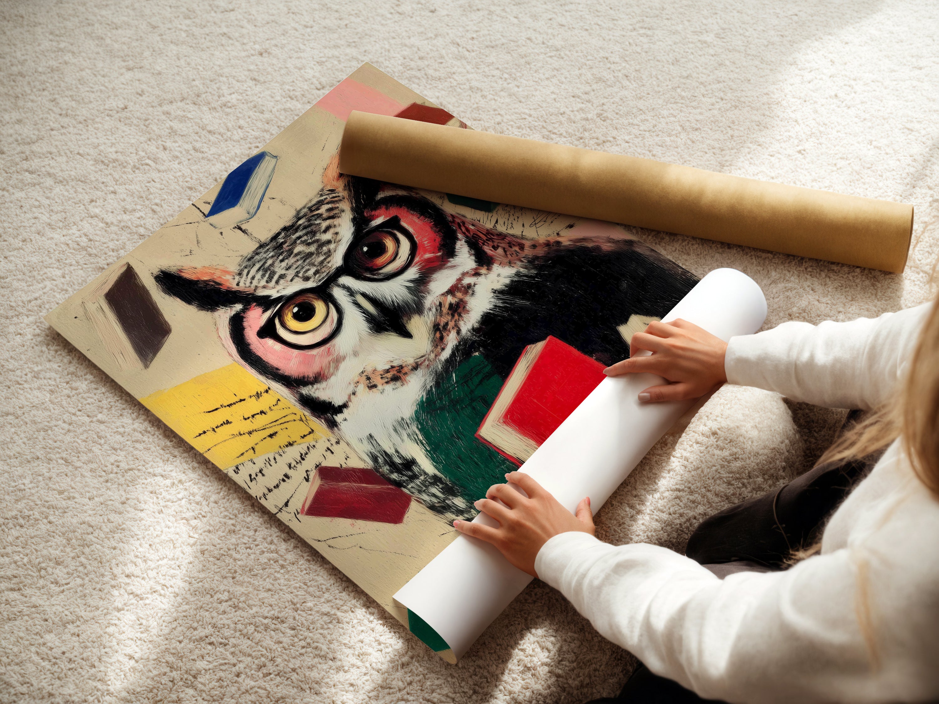 A woman is carefully rolling a fine art poster paper. The wise owl artwork is ready for display. This scholarly owl print is perfect for any academic setting. Get your educational decor today.