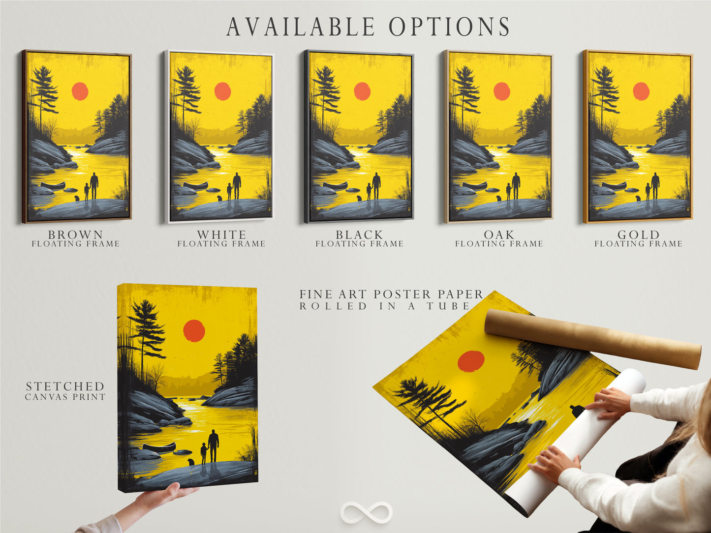 Available options for sunset lake artwork. Choose from a stretched canvas print fine art poster paper or floating frame. This father and child wall art brings a golden landscape to your home. The serene lakeside view offers a calming presence. Perfect for enhancing modern minimalist and contemporary spaces.