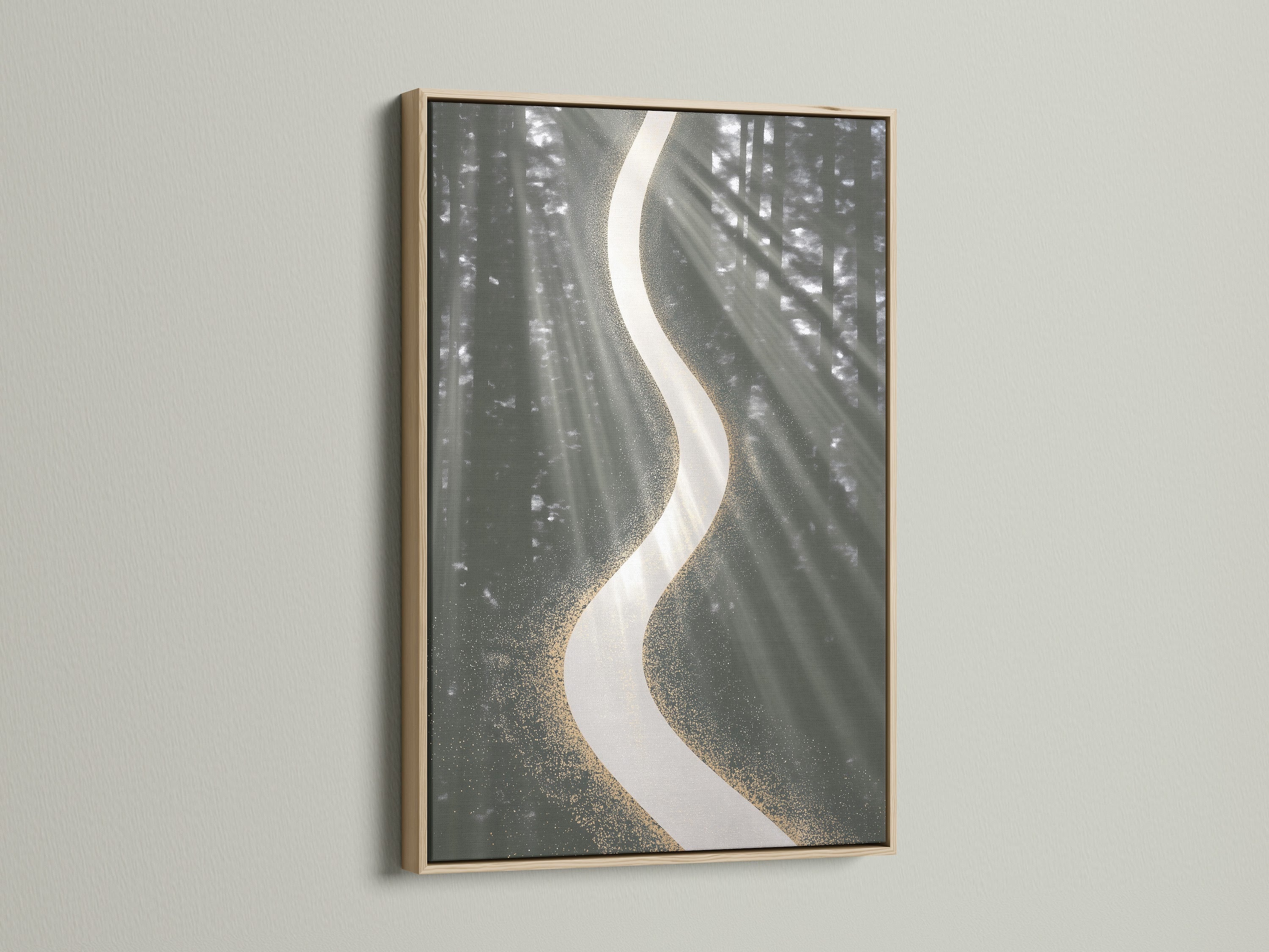 Enhance your home with abstract river art. This sage green and gold wall art brings a modern touch. The fluid art print is beautifully framed in oak. Ideal wall decor for living rooms bedrooms and offices. The flowing art print adds a neutral yet stylish element