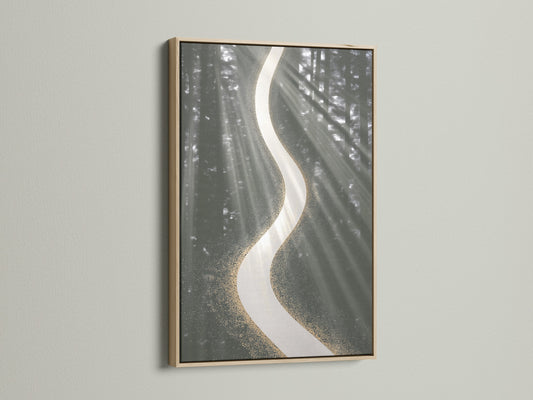 Enhance your home with abstract river art. This sage green and gold wall art brings a modern touch. The fluid art print is beautifully framed in oak. Ideal wall decor for living rooms bedrooms and offices. The flowing art print adds a neutral yet stylish element