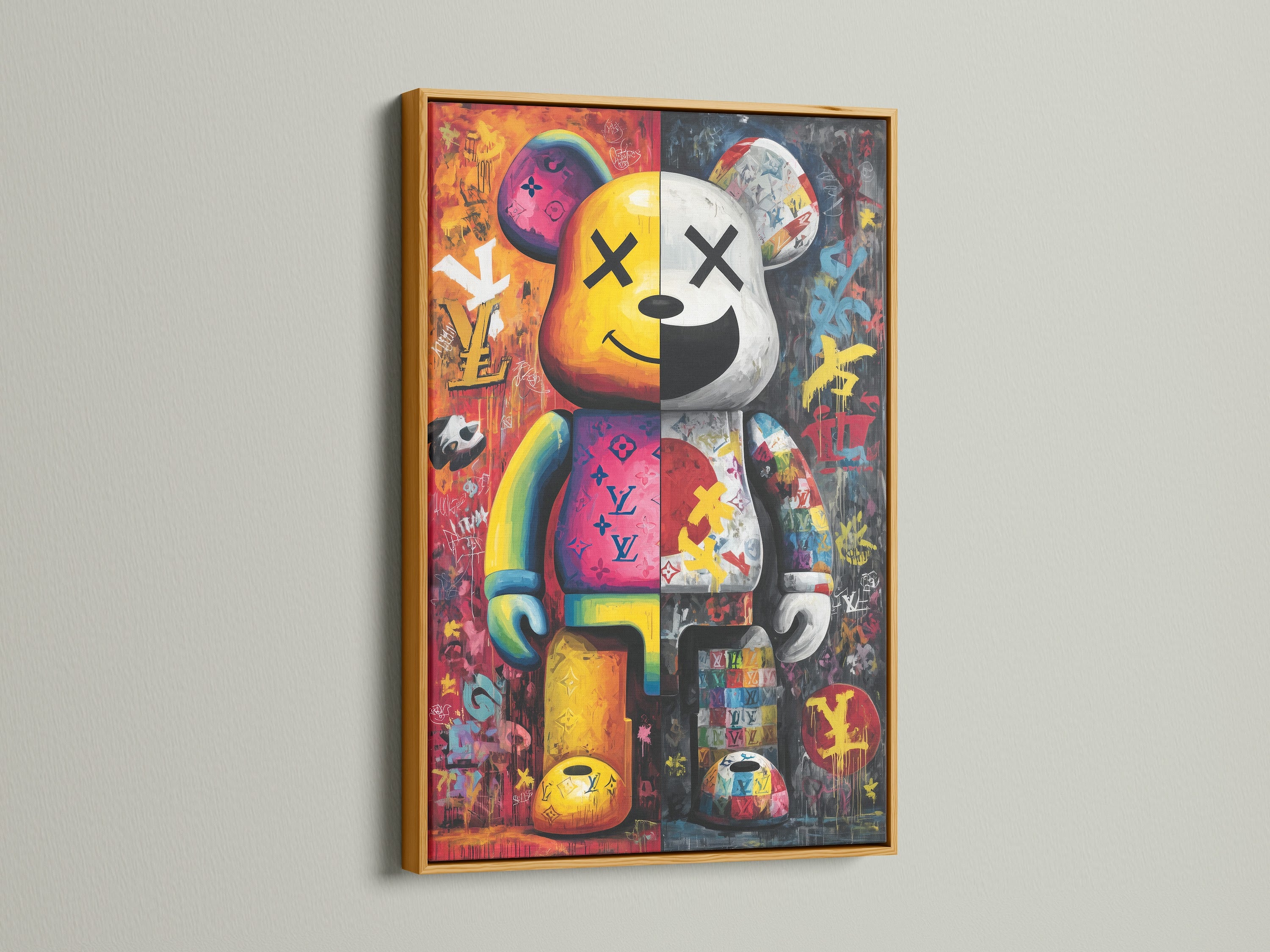 Kaws Companion art in a gold frame. The artwork features a playful bear character. This contemporary art piece adds a touch of luxury. The gold frame enhances the colorful graffiti wall art.