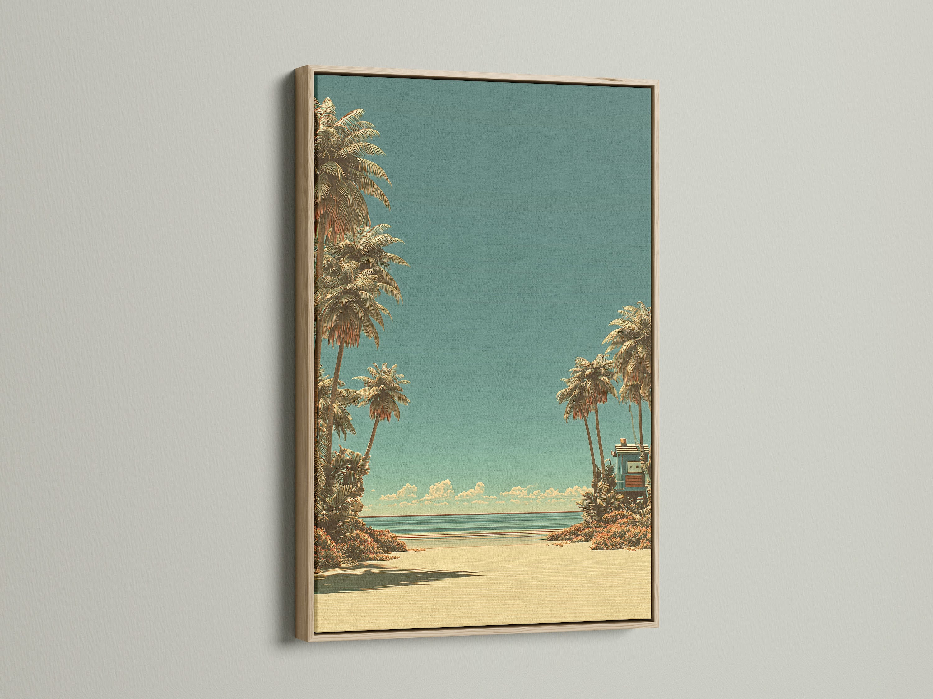 A beautiful beach scene artwork in an oak frame. The print enhances the artwork. The frame adds a touch of nature. Perfect for any room seeking a blend of art and warmth.