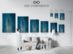 A size comparison chart is displayed in an interior setting. Showcasing the different sizes available for the aerial swimmers artwork. This chart helps visualize how the artwork will fit in your space. Available as a stretched canvas print or fine art poster paper. Perfect for any homeowner renter or business owner.