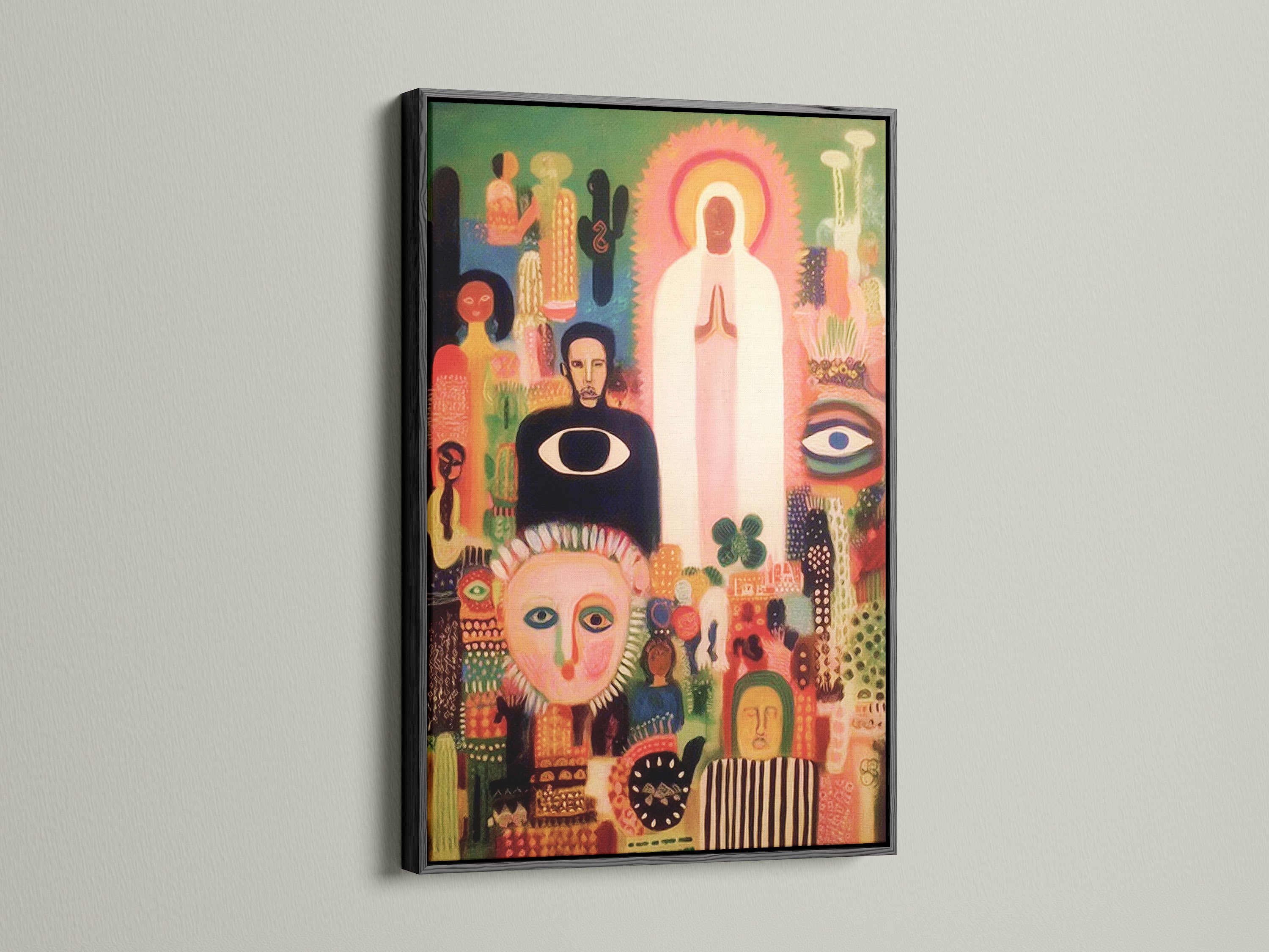 Mystical spiritual wall art in a black frame. The folk art canvas print features abstract faces. It adds a bold touch to any meditation room. Black frame offers a sleek contrast. This surreal artwork enhances any space.