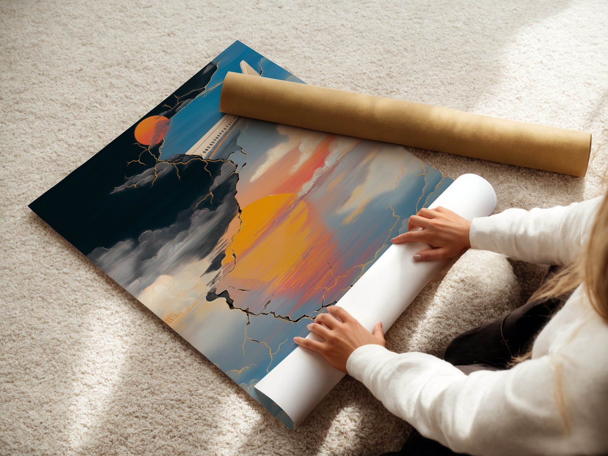A woman is carefully rolling a fine art poster paper. This aviation travel poster is ready to be framed. The abstract sunset wall art will enhance any space. This sky art print is high-quality.