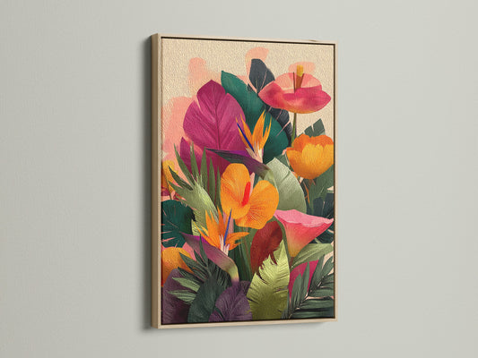 An oak frame enhances a piece of floral artwork. The artwork has beautiful leaves and flowers. The oak frame adds warmth and complements the artwork. This framed artwork creates a focal point. It brings natural beauty into the space.