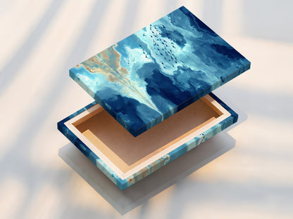 A stretched canvas print displays an abstract seascape. Teal sky and birds create a calming scene. Ideal for modern wall art in any room. The stretched canvas offers a gallery-ready look. Elevate your decor with this serene and nature inspired artwork.
