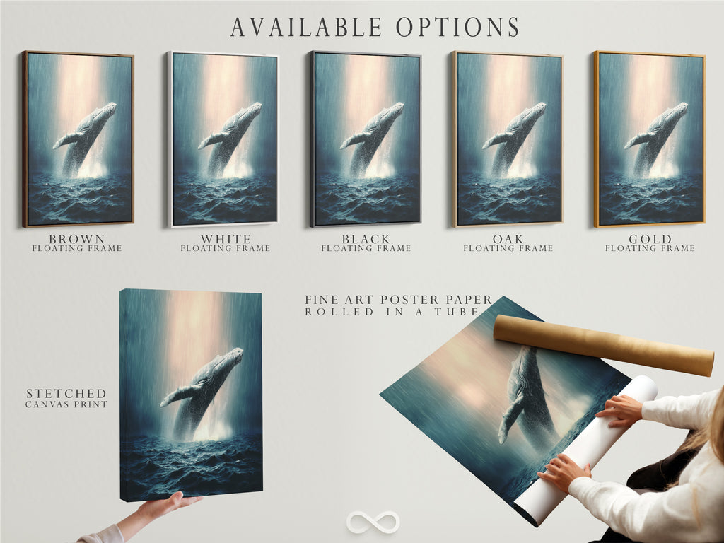 Available options for whale artwork. Stretched canvas print is available. Fine art poster paper is an option. Floating frame is also available. It is ocean wildlife wall art. It features a humpback whale.