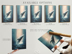 Available options for whale artwork. Stretched canvas print is available. Fine art poster paper is an option. Floating frame is also available. It is ocean wildlife wall art. It features a humpback whale.