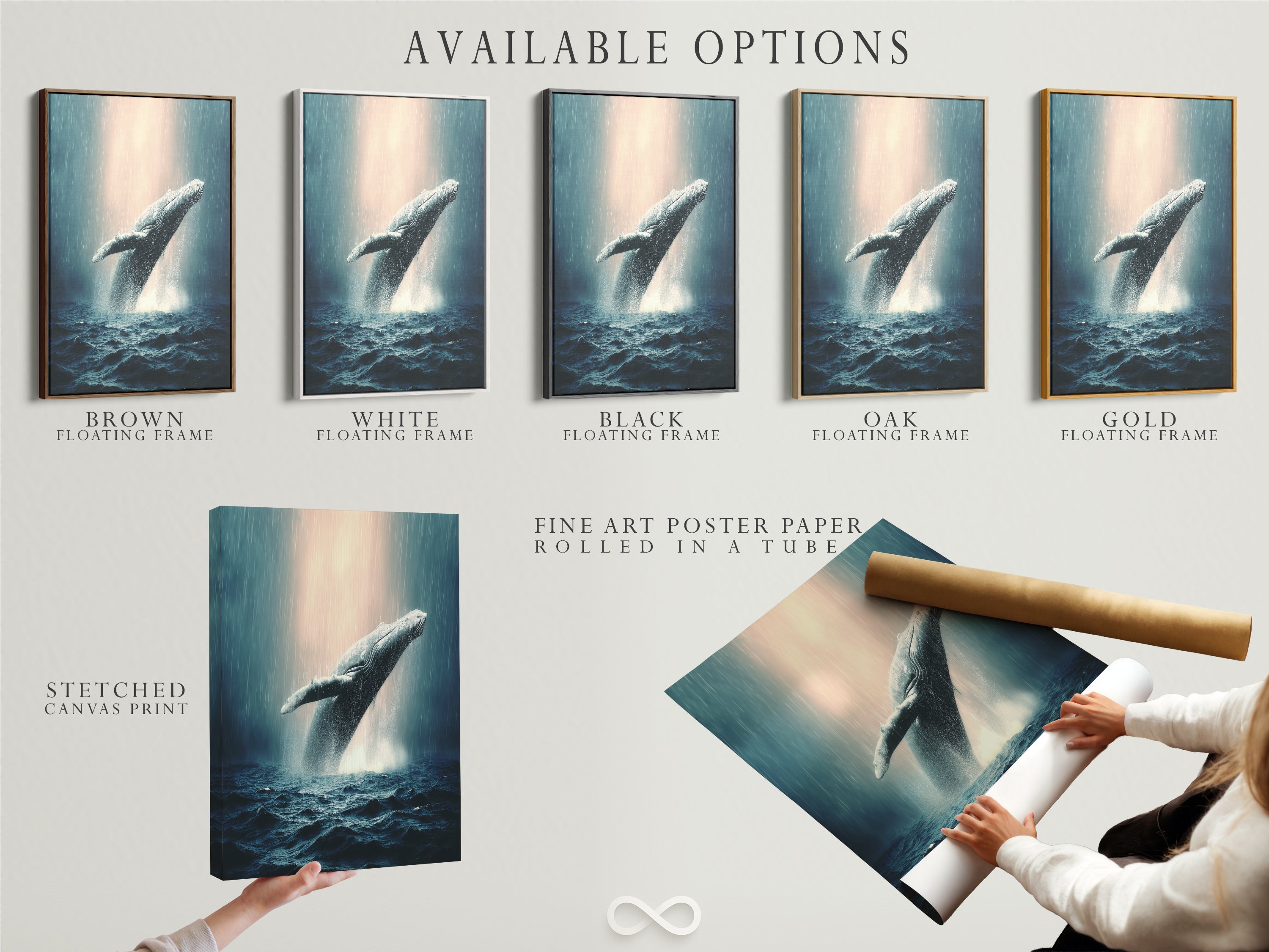 Available options for whale artwork. Stretched canvas print is available. Fine art poster paper is an option. Floating frame is also available. It is ocean wildlife wall art. It features a humpback whale.