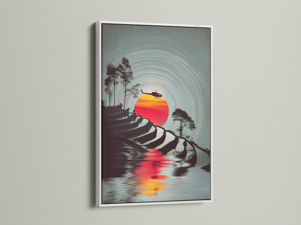 Elevate your space with a white frame around the terraced rice fields canvas. This frame complements vintage travel posters beautifully. Ideal for adding a touch of Asian landscape to your study room. This retro wall art is stunning.