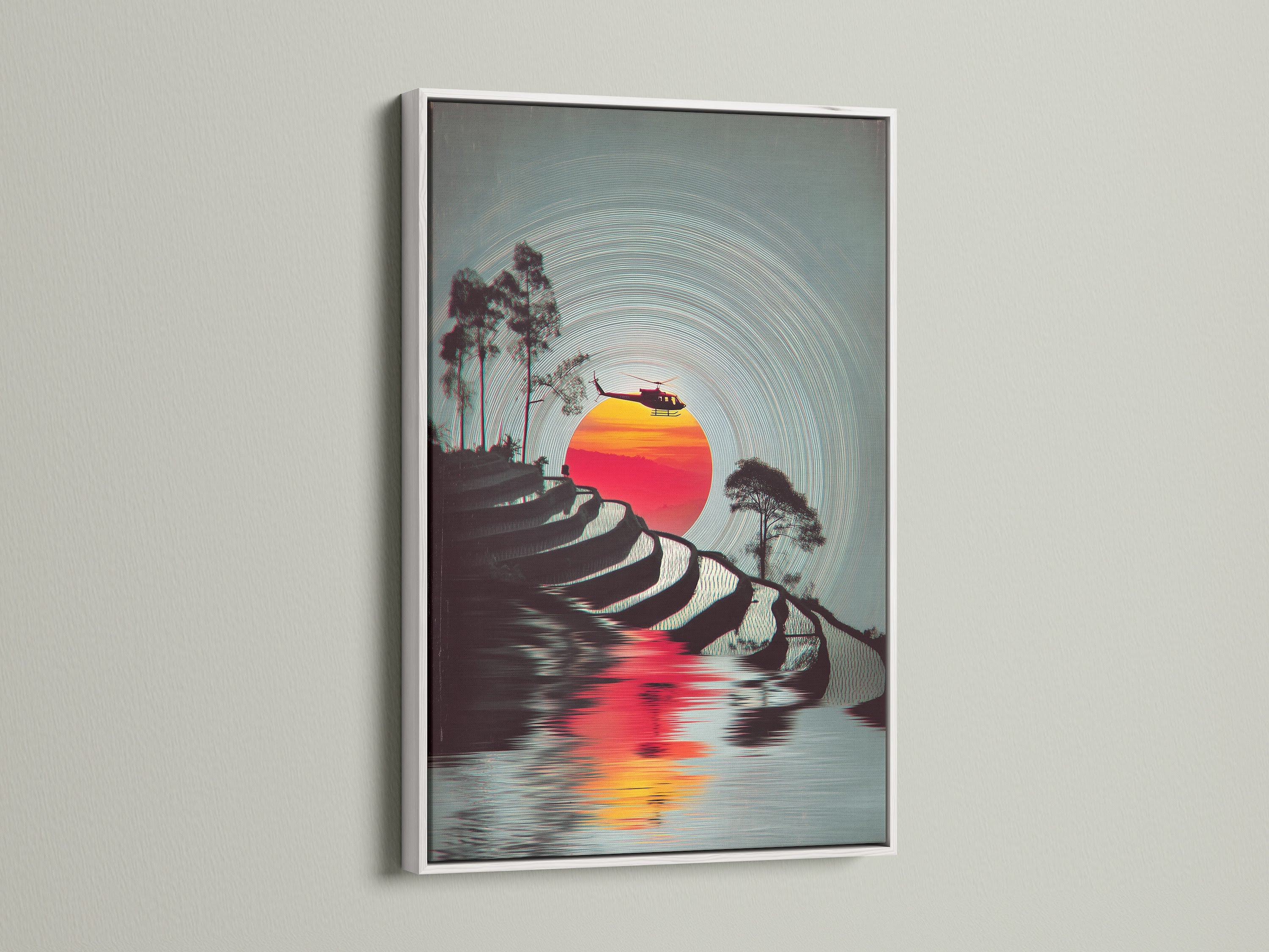 Elevate your space with a white frame around the terraced rice fields canvas. This frame complements vintage travel posters beautifully. Ideal for adding a touch of Asian landscape to your study room. This retro wall art is stunning.