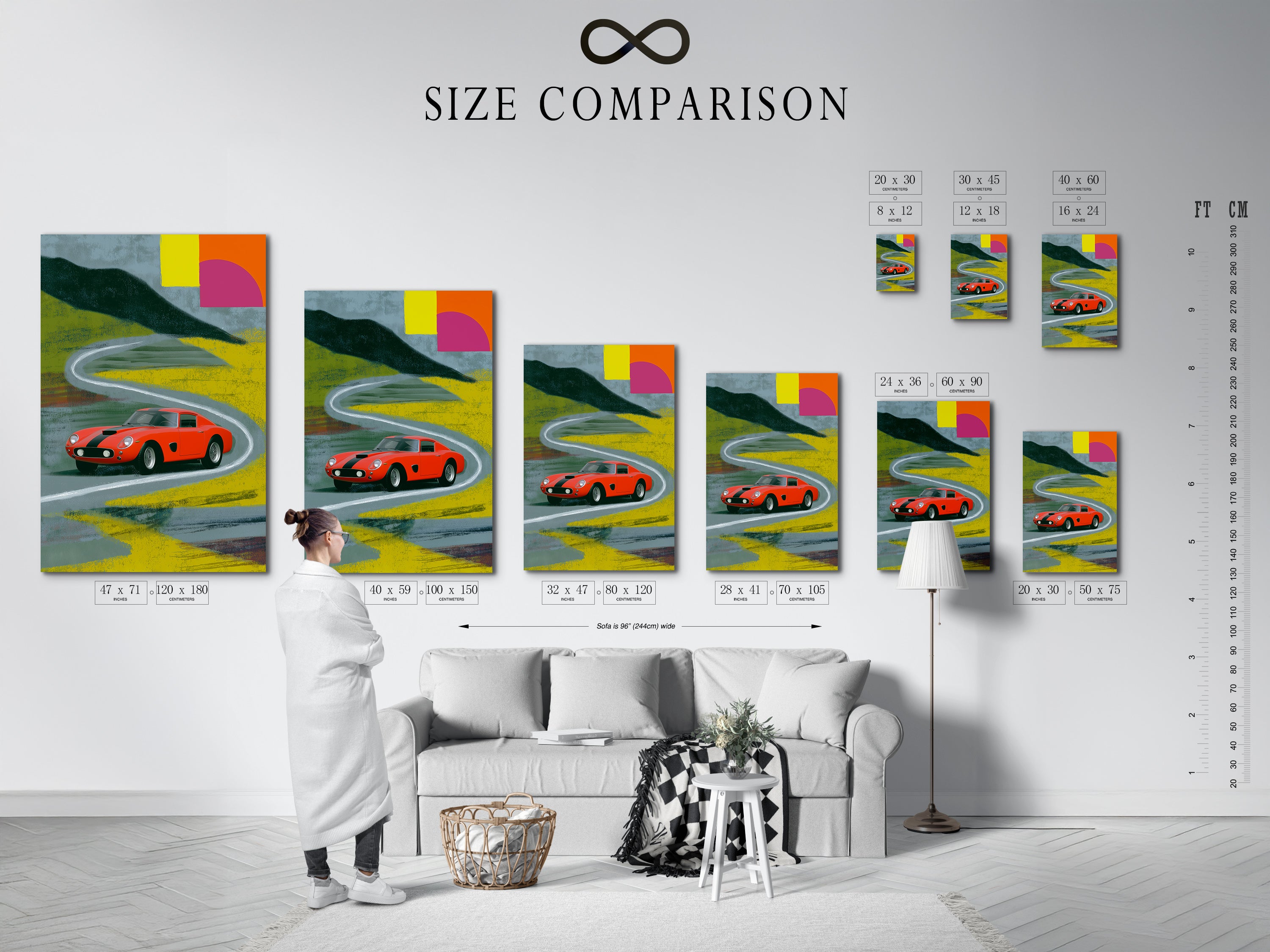 A size comparison chart in an interior setting. This vintage Ferrari artwork can be visualized in different sizes. See how the red sports car fits in your space. Find the perfect fit for your wall decor needs.