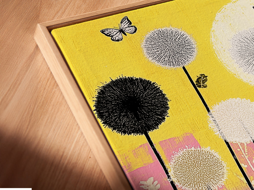 A close-up angled view of the cat garden artwork in a floating frame. The playful feline poster features yellow and pink floral accents. This is perfect for adding a modern touch to kids room decor. The floating frame enhances the artwork's visual appeal.