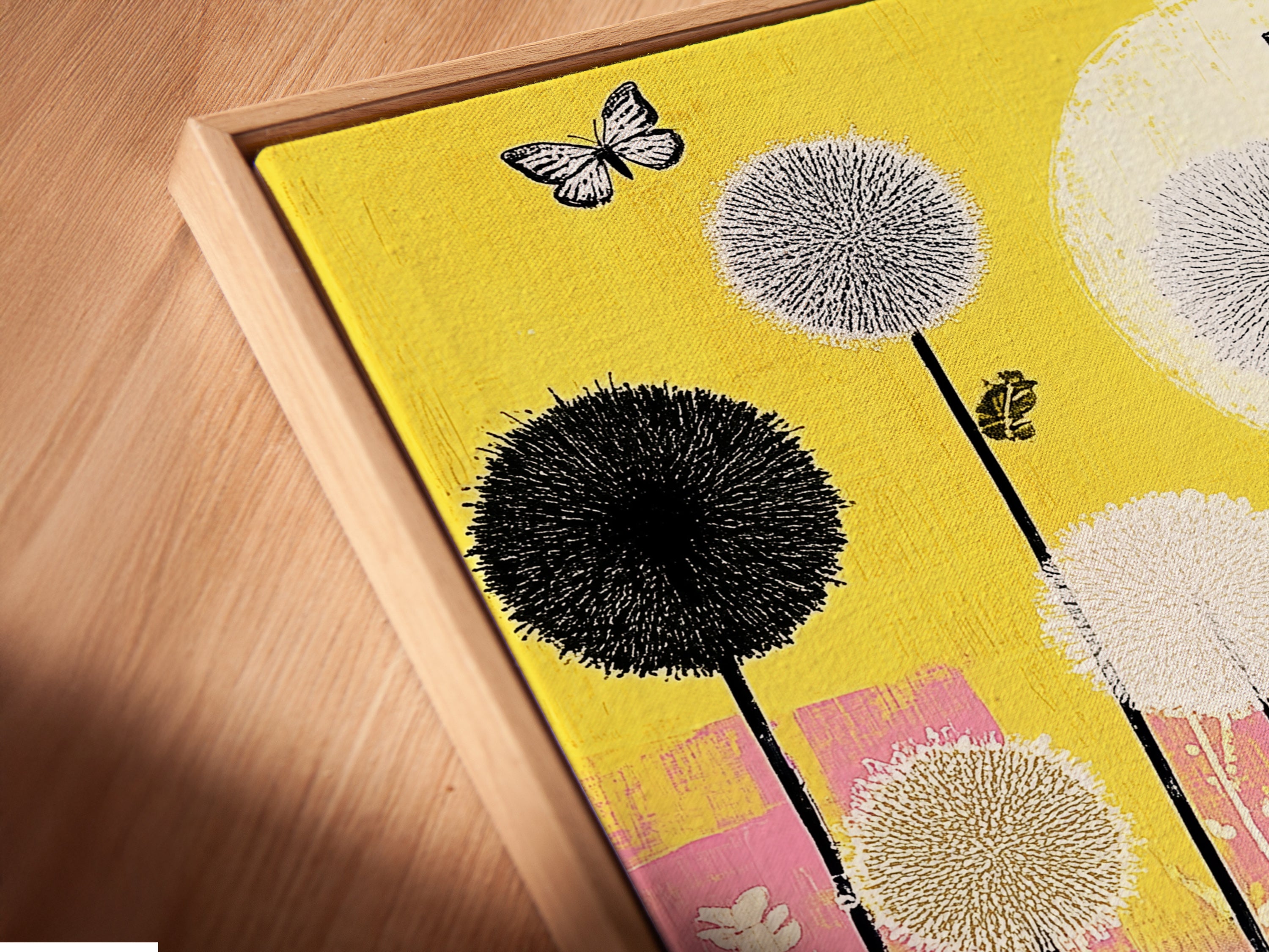 A close-up angled view of the cat garden artwork in a floating frame. The playful feline poster features yellow and pink floral accents. This is perfect for adding a modern touch to kids room decor. The floating frame enhances the artwork's visual appeal.