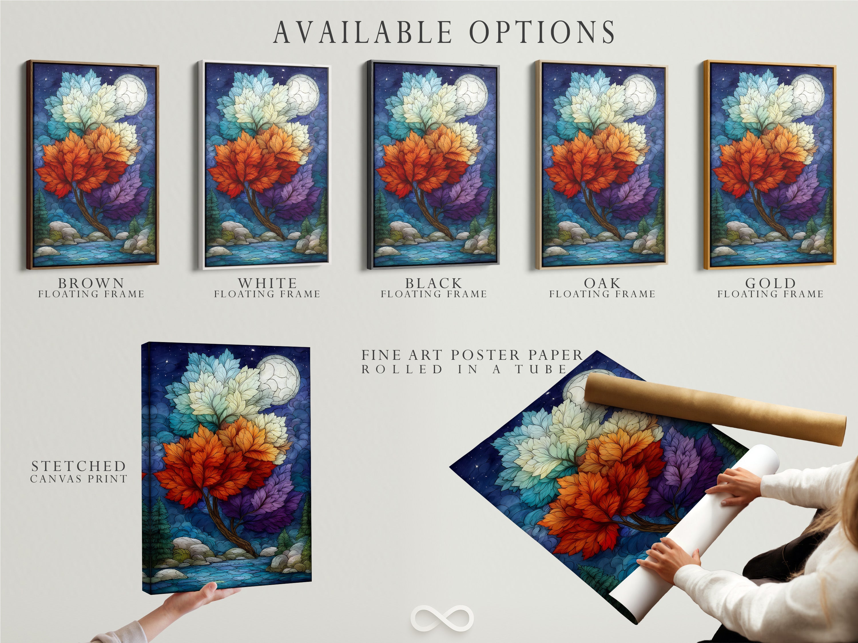 Available options are displayed including a stretched canvas print a fine art poster paper and a floating frame of a magical tree artwork. The artwork features a colorful nature scene with a fantasy moon. Choose the perfect option to suit your style and space.