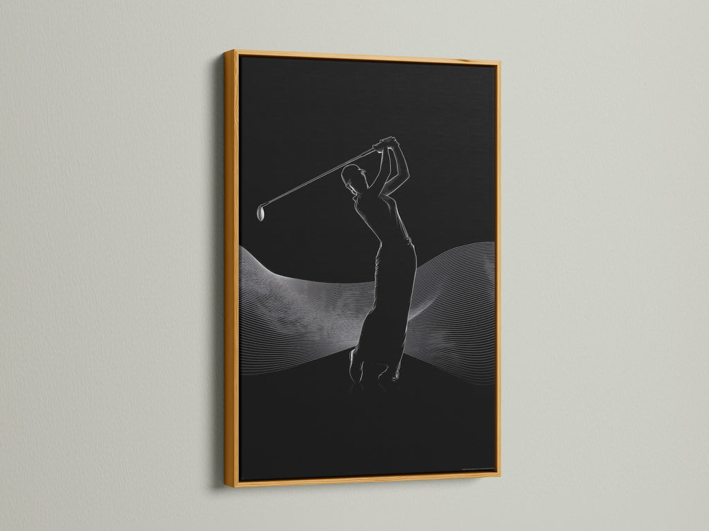 Add a touch of elegance with this golf artwork in a gold frame. The golfer silhouette is a minimalist masterpiece. It is perfect for a golf enthusiast's collection. It makes an excellent gift for any golf lover.
