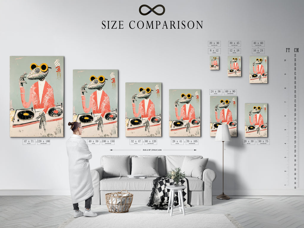 A size comparison chart is displayed in an interior setting. It helps visualize the Frog DJ art print in various sizes. Perfect for planning bedroom wall decor and office wall art. Choose the ideal size for your contemporary wall decor.