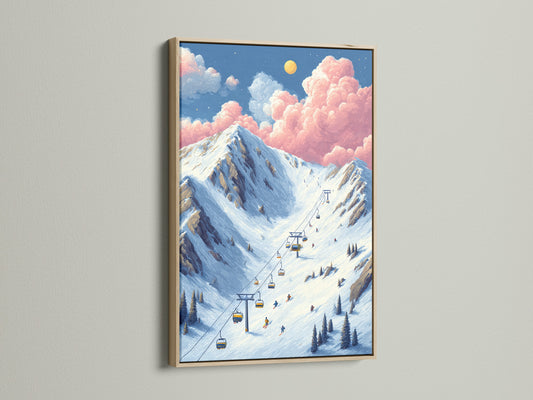 This is a ski resort art print. The mountain ski print is framed in oak. This winter canvas art is ideal for chalet wall art. The ski slope poster brings the alpine to your home. This print adds winter decor to any room.