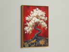A luxurious cherry blossom tree artwork is presented in a gold frame. The Japanese wall art exudes opulence and style. This bonsai tree print is perfect for adding a touch of glamour to your home. The red and gold Asian decor creates a rich and inviting atmosphere. It is ideal for art deco enthusiasts.
