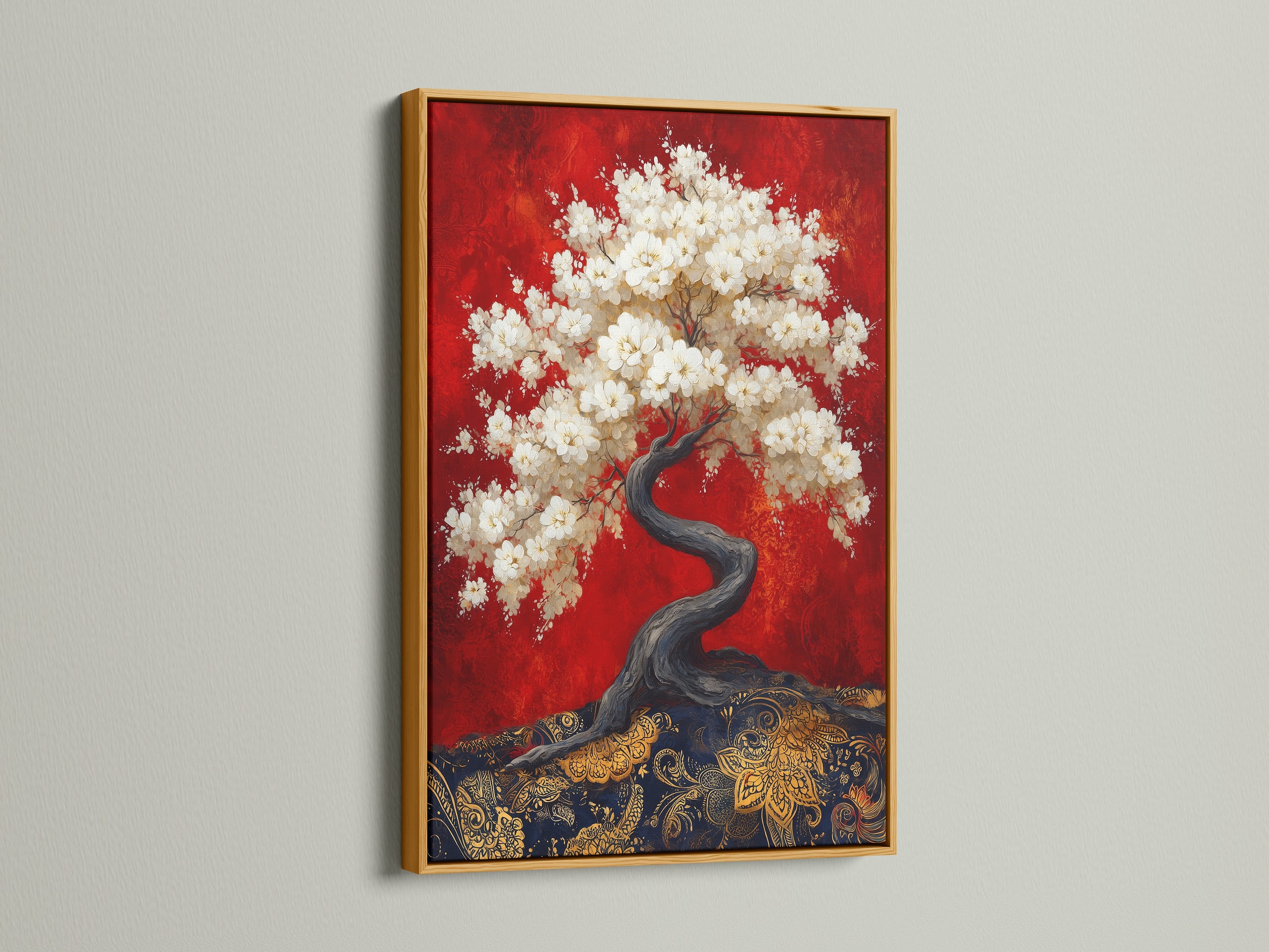 A luxurious cherry blossom tree artwork is presented in a gold frame. The Japanese wall art exudes opulence and style. This bonsai tree print is perfect for adding a touch of glamour to your home. The red and gold Asian decor creates a rich and inviting atmosphere. It is ideal for art deco enthusiasts.
