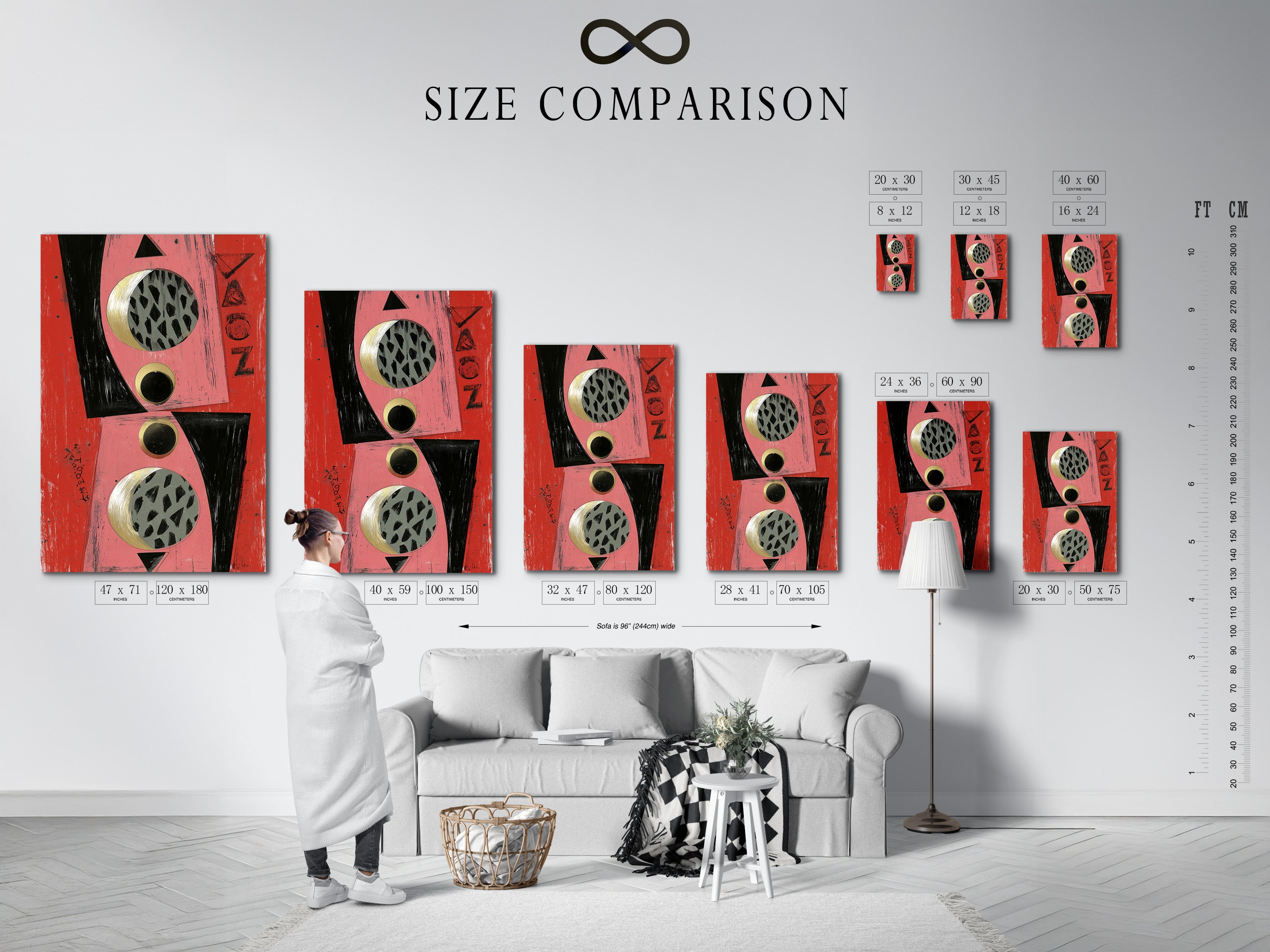 A size comparison chart is featured in an interior setting. The chart helps visualize how the abstract geometric artwork will look in different dimensions. Perfect for planning your living room wall art. The artwork features pink coral black and gold accents. This contemporary piece adds style to any space