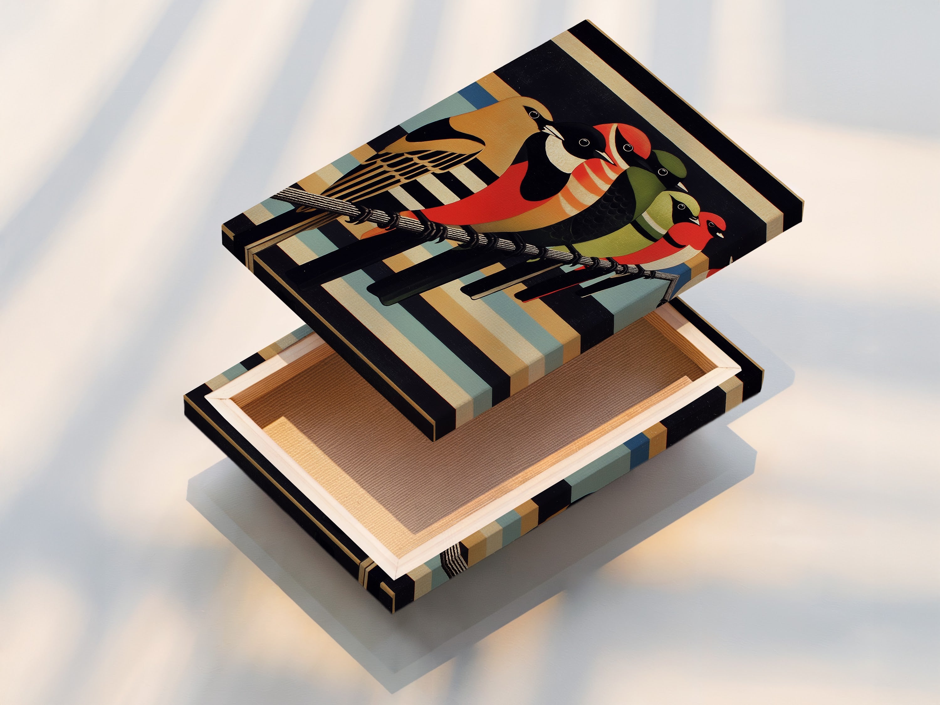 A stretched canvas print of colorful bird artwork. The vintage style wall art is ready to hang. The avian canvas adds a vibrant touch to any room. It's perfect for eclectic and retro decor. Find nature inspired artwork for your space.